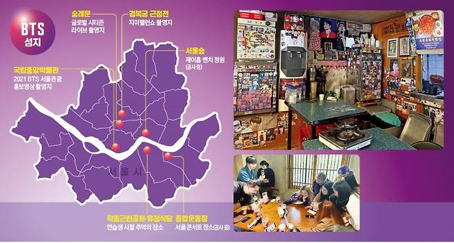 20일 서울 논현동 유정식당에 BTS 팬들이 남긴 사진이 가득하다. BTS 초창기 숙소를 개조한 카페 ‘휴가’에서 남미권 팬들이 신곡 뮤직비디오를 시청하고 있다. /최영총 기자