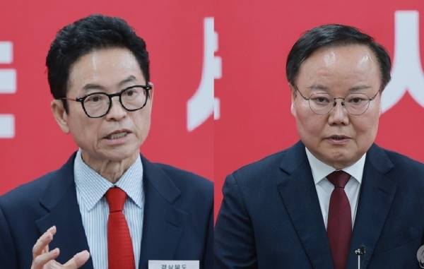 경북도지사 국민의힘 후보 경선 대결이 확정된 이철우(왼쪽) 경북도지사와 김재원 국민의힘 최고위원. 연합뉴스