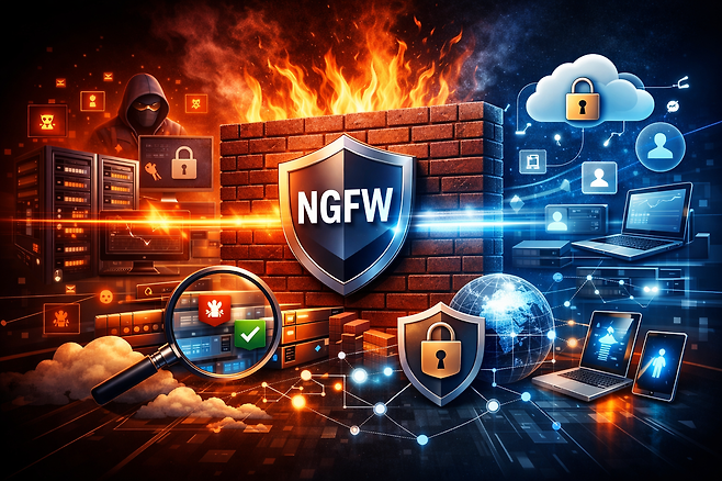 방화벽은 허용된 트래픽만 통과시키고 나머지는 차단한다는 원리를 기반으로 동작하며, 한 단계 진화한 차세대방화벽(NGFW)은 트래픽 분석 기능을 결합했다. / 챗GPT 생