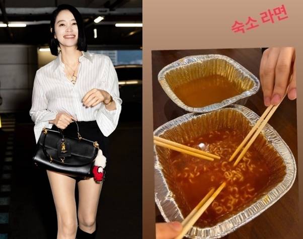 김혜수가 오랜만에 라면을 먹으며 국물은 남겼다. 사진=김혜수 SNS