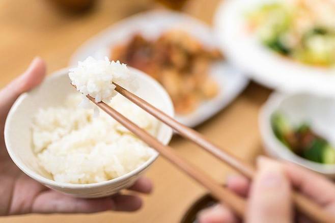 일본에서 밥그릇을 들고 젓가락으로 밥을 먹는 모습. JAL 고 투 트래블.