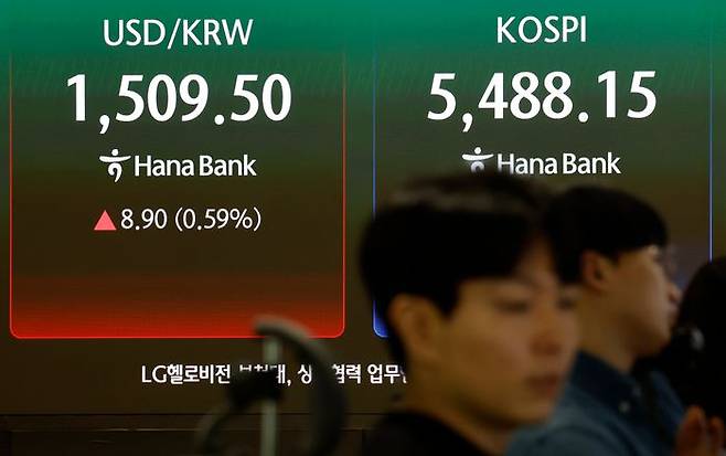 코스피가 전 거래일(5781.20)보다 201.05포인트(3.48%) 하락한 5580.15에 개장한 23일 오전 서울 중구 하나은행 딜링룸 전광판에 지수가 표시 되고 있다. ⓒ뉴시스