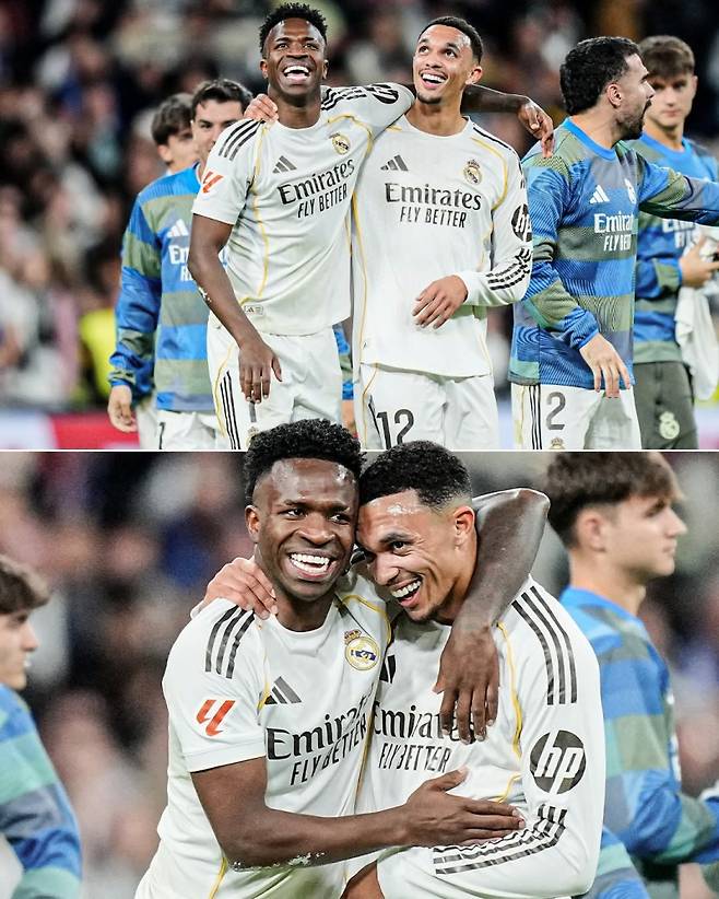 23일 산티아고 베르나베우에서 열린 아틀레티코와의 마드리드 더비서 3-2 승리를 합작한 뒤 환호하는 레알 비니시우스와 아놀드. 사진=ESPN SNS