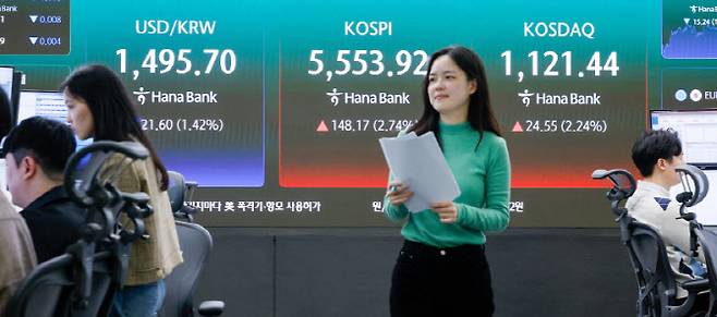 코스피가 5500선을 회복한 24일 오후 서울 중구 하나은행 본점 딜링룸 전광판에 종가가 나오고 있다. (사진=뉴스1)