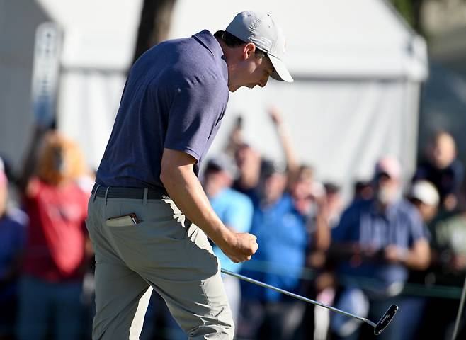 Matt Fitzpatrick celebrates his birdie putt on the 18th hole during the final round of the Valspar Championship golf tournament Sunday, March 22, 2026, in Palm Harbor, Fla. (AP Photo/Jason Behnken)
<저작권자(c) 연합뉴스, 무단 전재-재배포, AI 학습 및 활용 금지>