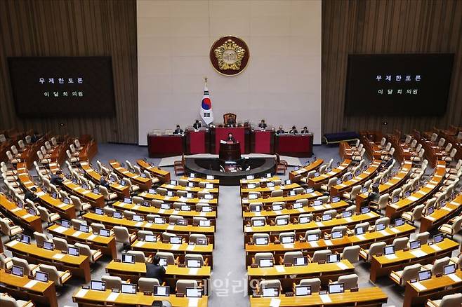 이달희 국민의힘 의원이 지난 20일 오후 국회 본청에서 열린 국회 본회의에서 '중대범죄수사청 조직 및 운영에 관한 법률안(대안)' 이른바 '중수청법'에 대한 무제한토론(필리버스터)을 하고 있다. ⓒ데일리안 홍금표 기자