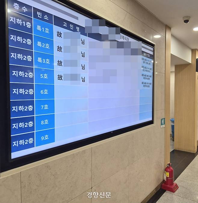 대전 안전공업 화재 희생자들의 빈소가 마련된 장례식장 빈소 안내판. 강정의 기자