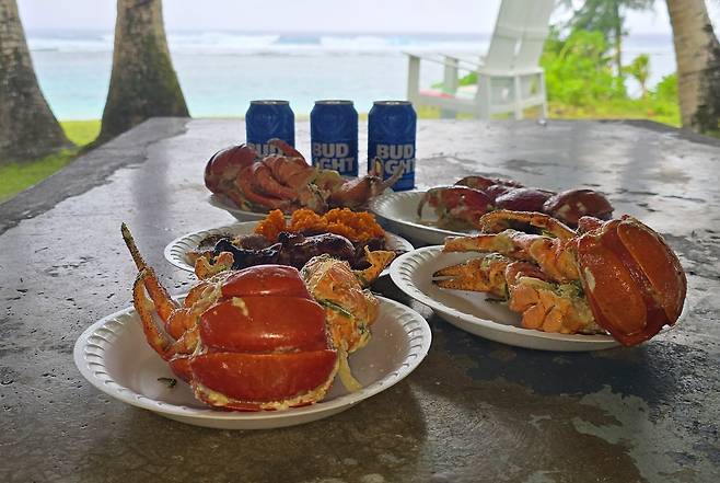 로타 코코넛크랩. 테테토 해변엔 소풍 온 사람들이 음식을 먹을 수 있는 공공시설이 있다.