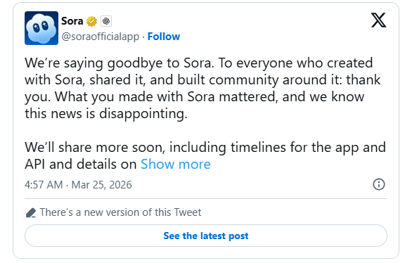 'X'에 올라온 소라의 중단 안내 메세지. (사진=X 갈무리)