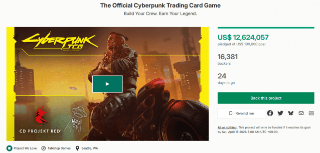 북미 크라우드 펀딩 플랫폼 킥스타터에서 진행 중인 사이버펑크 IP 기반 TCG 펀딩. 사진=킥스타터 공식 홈페이지