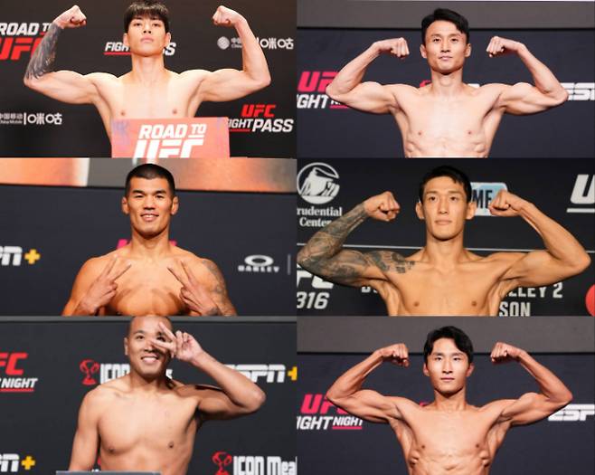 최근 한 달 사이 UFC 경기가 무산된 한국 파이터들. 사진 맨 위 왼쪽부터 시계 방향으로 최동훈, 최두호, 유주상, 이정영, 박준용, 고석현. UFC 제공