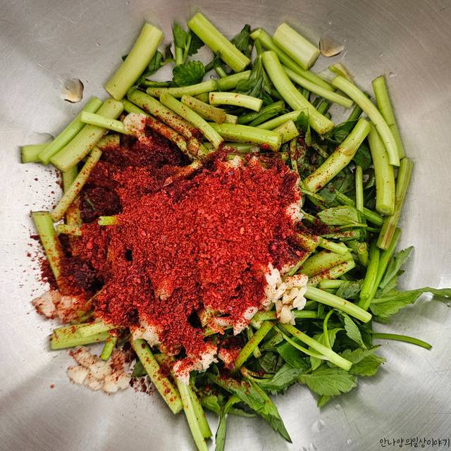 미나리 무침을 하기전 고추가루와 양념을 첨가하고 있다.(종로예당 제공)