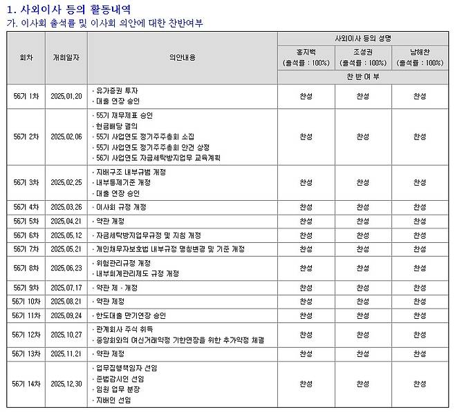 푸른저축은행 사외이사 등의 활동 내역. / 사진=금융감독원.