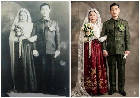 안성현과 부인 성동월의 결혼 사진(1944)과 AI 복원 사진
