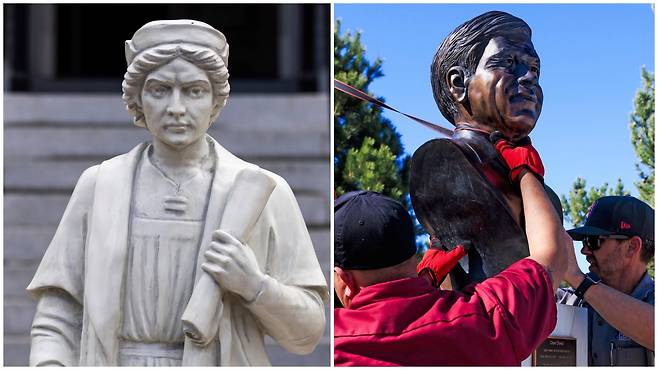 2020년 파괴됐다가 백악관 경내에 복원된 크리스토퍼 콜럼버스 동상(왼쪽). 오른쪽은 콜로라도 덴버에 설치됐던 노동운동가 세자르 차베스 흉상이 성폭력 의혹으로 지난 19일 철거되는 모습. /EPA·AFP 연합뉴스