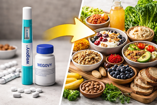 비만 치료제 ‘위고비’와 건강 식단을 상징하는 식이섬유·발효식품·과일·견과류 이미지. 장내 미생물을 활용한 체중 관리 개념을 시각적으로 표현한 구성. 챗GPT 생성 이미지