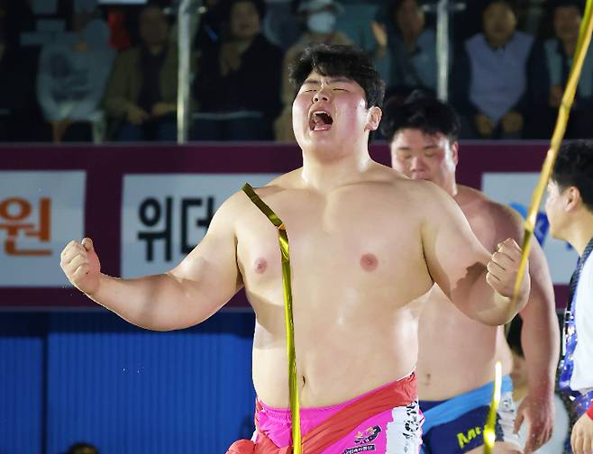 통산 19번째 장사에 오른 뒤 포효하는 김민재. 대한씨름협회