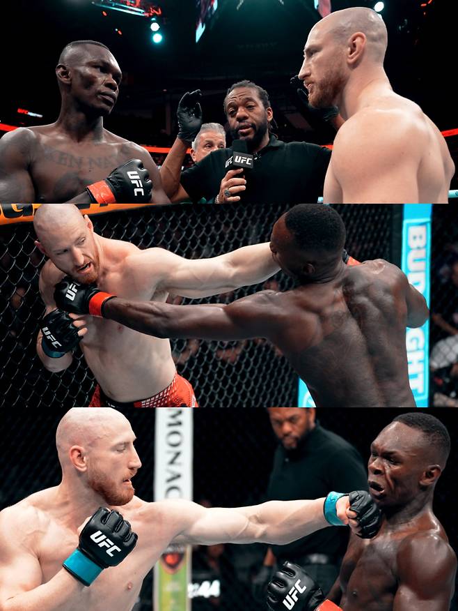 조 파이퍼와 펀치를 주고받는 이스라엘 아데산야. 사진=UFC