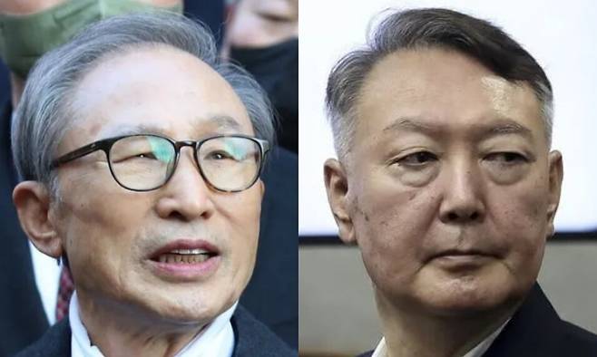 이명박 전 대통령(왼쪽)과 윤석열 전 대통령. 백소아 기자 thanks@hani.co.kr, 사진공동취재단