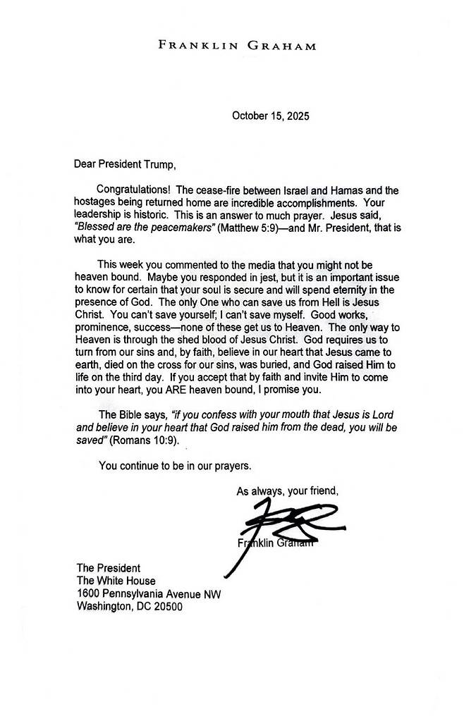 프랭클린 그레이엄 목사가 지난해 10월 도널드 트럼프 미국 대통령에게 보낸 편지. 트럼프 트루스소셜
