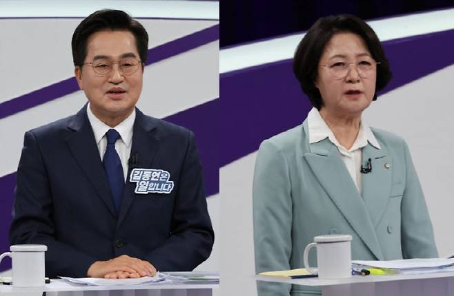 지난 30일 더불어민주당 경기도지사 후보 토론회에서 발언 중인 김동연 후보와 추미애 후보.(사진=연합뉴스)