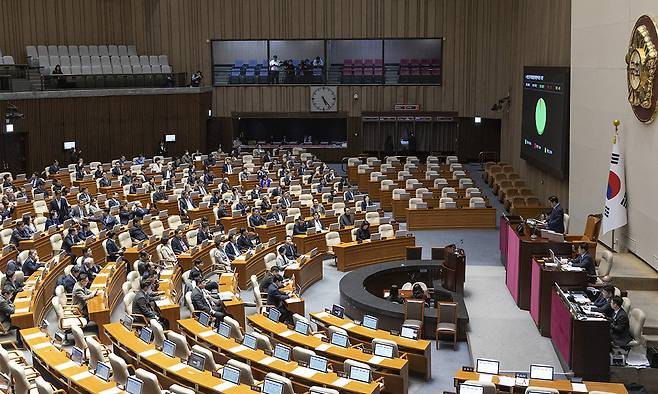 2월 26일 국회에서 열린 2월 임시국회 8차 본회의에서 전날 상정된 형법 개정안 수정안(법왜곡죄)이 여당 주도로 통과되고 있다. 연합뉴스