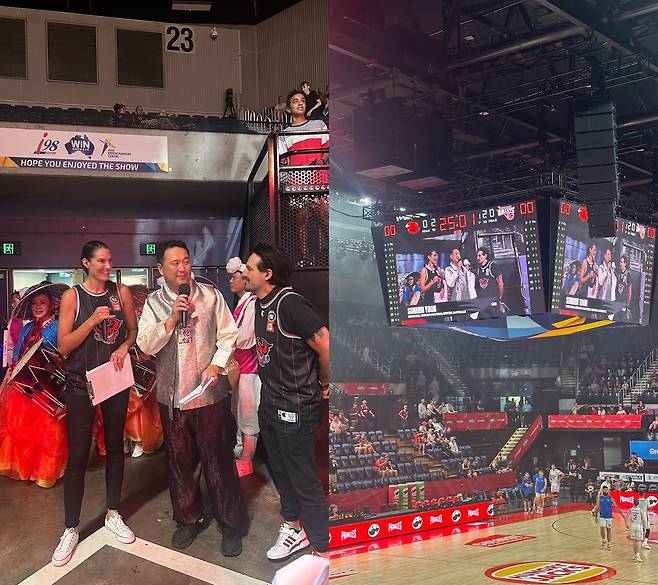 윤선민 주시드니한국문화원장이 지난해 1월 호주프로농구 1위 구단인 일라와라 호크스의 홈경기에서 음력설을 맞아 열린 '코리안 데이' 행사에서 한국 문화를 소개하고 있다. /주시드니한국문화원 제공