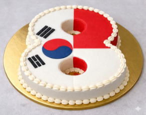 인도네시아 대통령 방한 기념 케이크 - 숫자 8을 형상화한 케이크로, 인도네시아 8대 대통령인 프라보워를 기념하고 한국과 인도네시아 국기를 조화롭게 담아 양국 간 우정과 협력을 표현했다. 청와대 제공