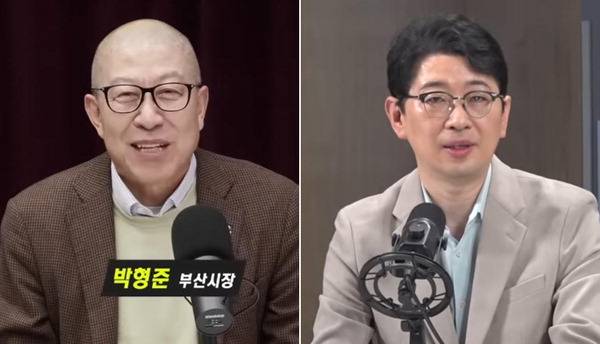 박형준 부산시장이 지난달 26일 유튜버 연합단체 ‘대한민국자유유튜브총연합회(대자유총)’가 연 토론회에 참석해 발언하고 있다. 오른쪽 사진은 국민의힘 주진우 의원이 지난달 31일 펜앤마이크TV에 출연한 모습. 고성국TV·펜앤마이크TV 유튜브 캡처