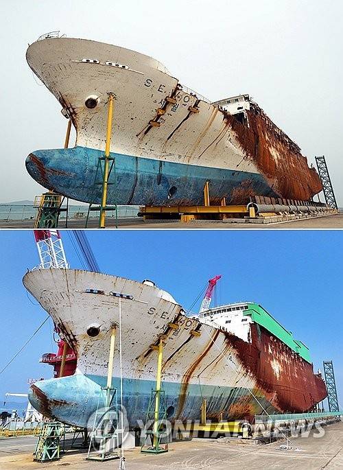 세월 상흔 역력한 '세월호' (목포=연합뉴스) 정다움 기자 = 해양수산부는 2일 세월호 선체 이전을 위한 기초 자료 조사가 막바지 단계에 들어갔다고 밝혔다.
목포신항에 거치된 세월호는 현재 위치로부터 2㎞ 떨어진 고하도 앞바다 유휴부지로 오는 2028년 옮겨져 거치될 예정이다.
사진은 참사 5주기를 사흘 앞둔 2019년 4월 13일 찍은 세월호의 모습(위)과 12주기를 앞둔 이날 찍은 세월호의 모습(아래). 2026.4.2 daum@yna.co.kr