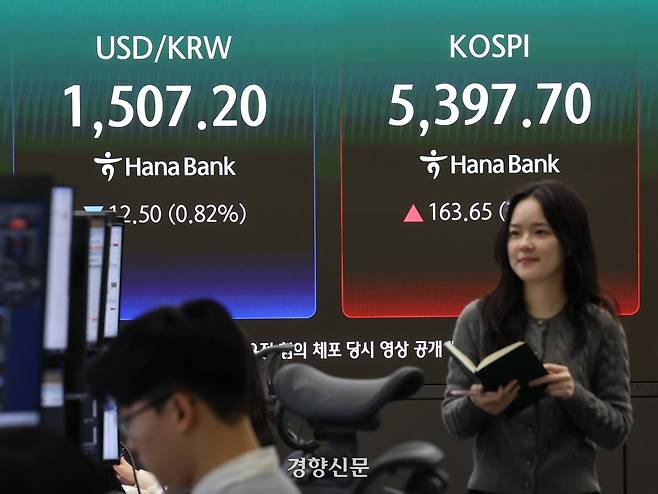 3일 서울 중구 하나은행 딜링룸에서 직원들이 업무를 보고 있다. 성동훈 기자
