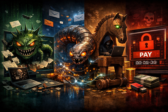 바이러스, 웜, 트로이목마, 랜섬웨어를 형상화한 이미지 / 챗GPT 생성