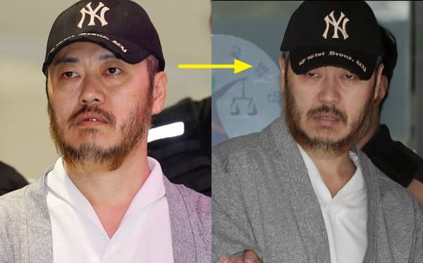 필리핀에서 한국인 3명을 살해하고 국내로 마약을 밀반입한 혐의를 받는 이른바 '마약왕' 박왕열이 이틀 만에 달라진 눈빛으로 나타났다. 사진은 '마약왕' 박왕열이 지난달 25일 국내로 송환되던 모습과(왼쪽) 같은달 27일 영장실질심사를 마친 후 법정을 나서는 모습. /사진=뉴스1