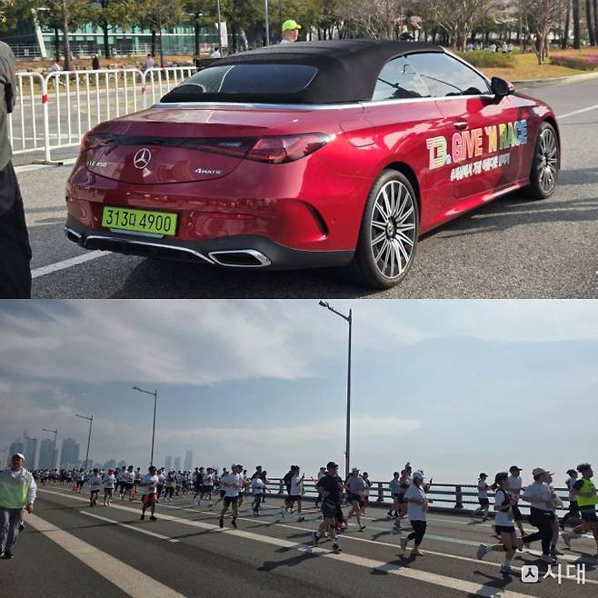 '벤츠 CLE 450 4MATIC 카브레올레' 레드 모델을 따라 러너들이 광안대교를 달리고 있다. /사진=최유빈 기자