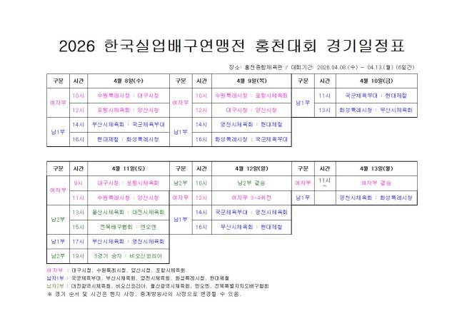 2026 한국실업배구연맹전 경기 일정. /사진=한국실업배구연맹 제공