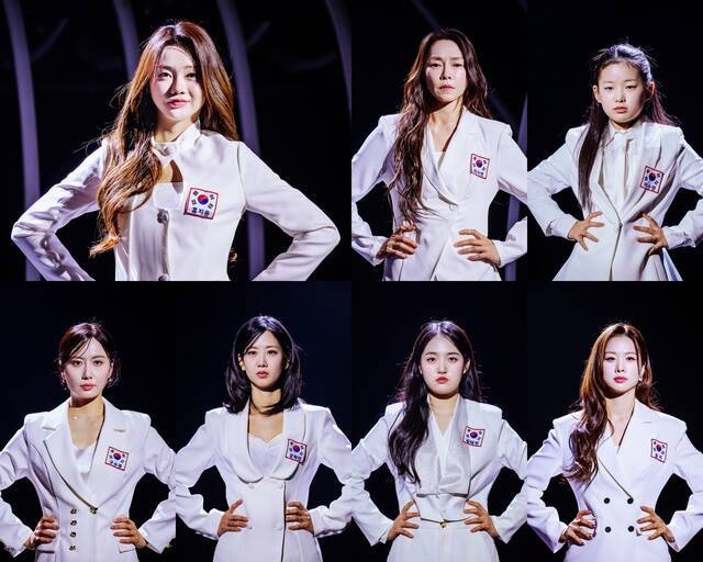 MBN 예능프로그램 '2026 한일가왕전' 제작진이 가수 홍지윤 차지연 이수연 솔지 김태연 강혜연 구수경(위 왼쪽부터 시계방향)의 단복 착용 모습을 공개했다. /MBN