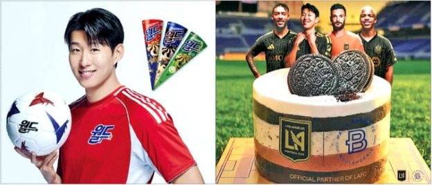 손흥민을 모델로 내세운 롯데웰푸드(왼쪽) 광고와 파리바게뜨 협업 제품. 롯데웰푸드·파리바게뜨 제공