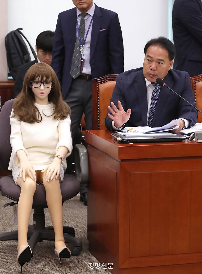 2019년 10월18일 국회에서 열린 산업통상자원중소벤처기업위원회의 산업통상자원부 등의 종합국정감사에서 무소속 이용주 의원이 성인용품인 리얼돌을 보여주며 질의를 하고 있다. 경향신문 자료사진