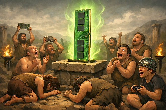 D램은 1밀리초마다 전력을 공급받아야 기억을 유지하는 본질적 결함이 있다. HBM 역시 이를 높게 쌓은 '물류 인프라'일 뿐 자생력 없는 한계는 동일하다. 그럼에도 대중은 AI 열풍에 휩쓸려 연약한 실리콘 칩에 구원 서사를 투영하고 맹신하고 있는 형국이다. /챗GPT 제작 이미지