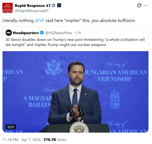 백악관 신속대응팀 계정이 밴스 부통령의 기자회견 영상을 공유하며 “부통령이 여기서 말한 그 어떤 것도 이를 ‘암시’하지 않는다”라는 글을 올렸다. 엑스 갈무리