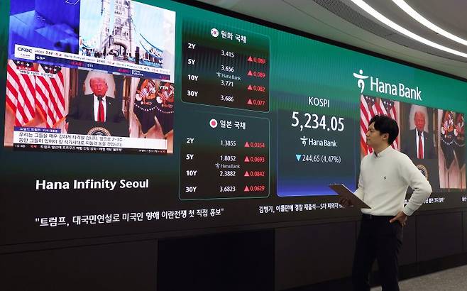 지난 2일 미국 도널드 트럼프 대통령의 강경 발언으로 미국과 이란 간 종전 기대감이 꺾이며 코스피와 코스닥이 하락 마감하면서 서울 중구 하나은행 딜링룸에서 딜러들이 업무를 보고 있다. /사진=뉴시스