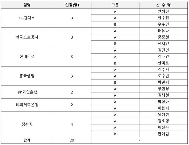 프로배구 여자부 FA 선수 명단. 한국배구연맹 제공