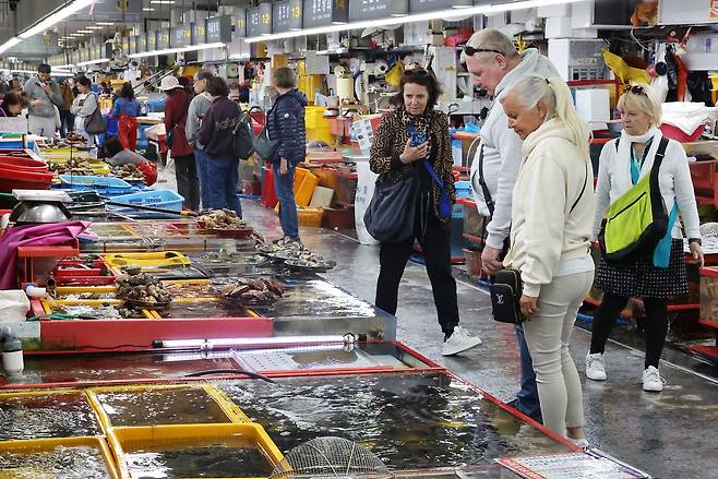 외국인 관광객들이 8일 부산 중구 자갈치시장을 방문해 신선한 생선등을 구경하고 있다. 송봉근 객원기자