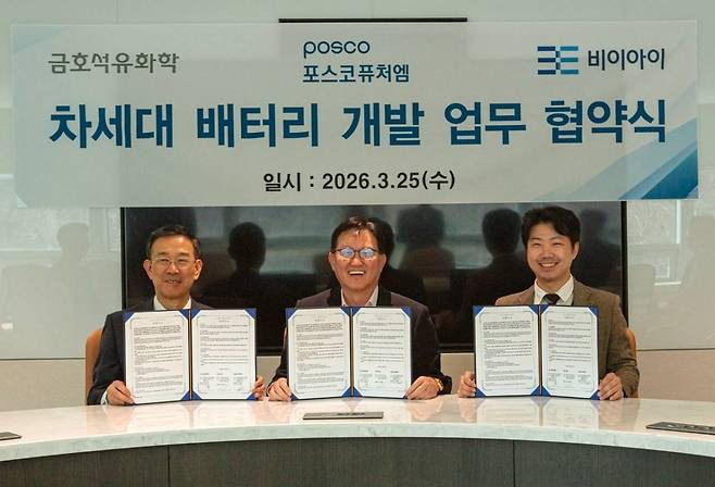 금호석유화학이 3월 25일 포스코퓨처엠, 비이아이(BEI)와 차세대 배터리 기술 협력을 위한 3자 양해각서(MOU)를 체결했다. 사진=금호석유화학