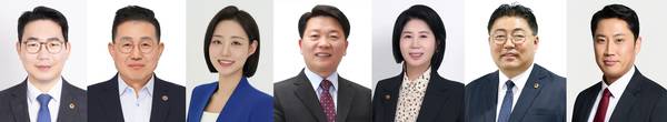 성남지역 광역의원에 도전하는 문승호·김쌍기·유민아·방성환·이서영·김진명·송경택(사진 왼쪽부터. 선거구순). /선거관리위원회 제공