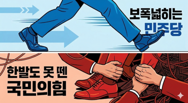 보폭 넓히는 민주당 한발도 못뗀 국민의힘. AI생성 이미지.