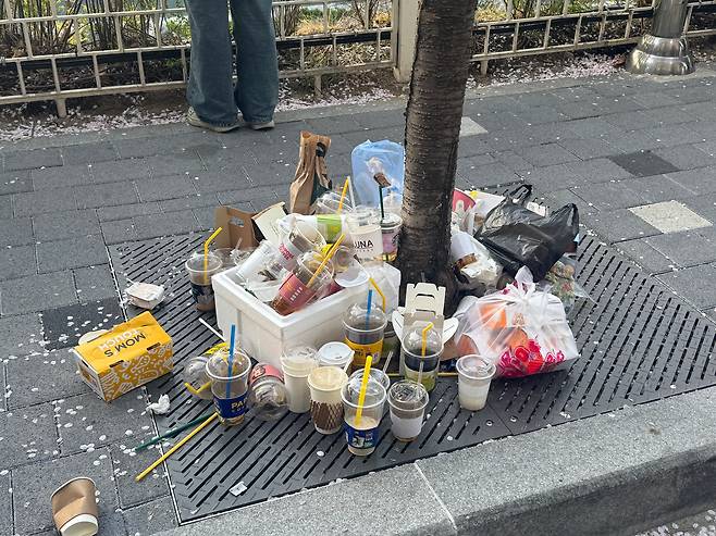 지난 5일 서울 성북구 성북천 벚꽃길 인도에 음료컵과 음식물 쓰레기 등이 무더기로 버려져 있다. 봄철 야장 이용객이 늘면서 쓰레기가 제때 수거되지 않은 모습이다. /윤성은 기자