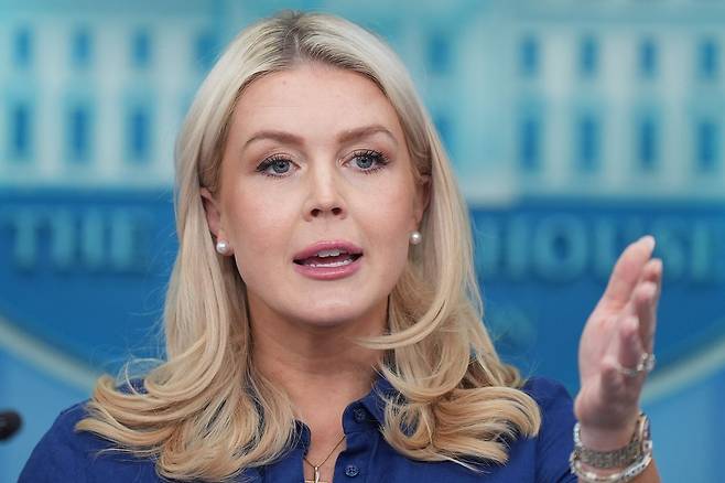 캐롤라인 레빗 미국 백악관 대변인이 8일(현지시간) 워싱턴 DC 백악관에서 정례 브리핑을 하고 있다. AP=연합뉴스