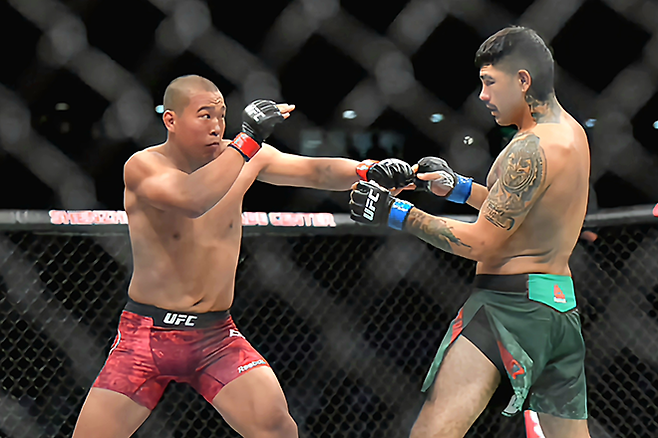 박준용이 2019년 8월 중국 선전다윈중신티위관에 입장한 1만302명 앞에서 대한민국 UFC 18호 파이터로 데뷔하여 앤서니 에르난데스를 상대하고 있다. 에르난데스는 훗날 UFC 미들급 공식랭킹 4위까지 올라간다. 사진=Getty Images=연합뉴스 제공