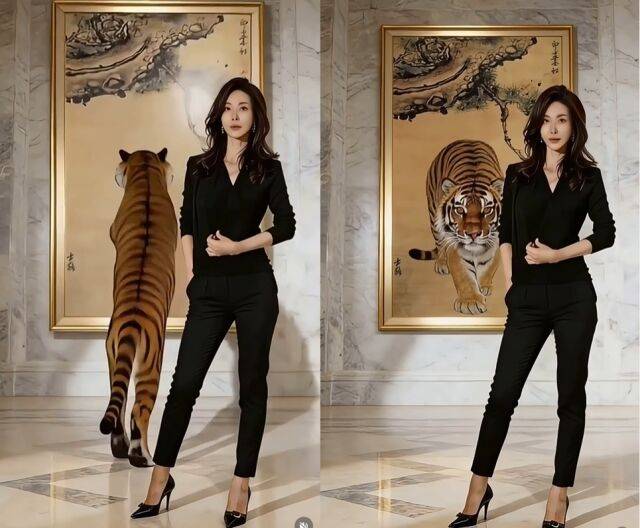 올블랙 패션으로 시크한 분위기를 물씬 풍기는 성현아가 호랑이와 나란히 서있는 모습이 눈에 들어온다. 잠시 후 호랑이는 크게 포효하더니 뒤로 액자 속으로 들어간다. 이는 아마 AI를 활용해 제작한 영상으로 보인다./성현아 소셜미디어